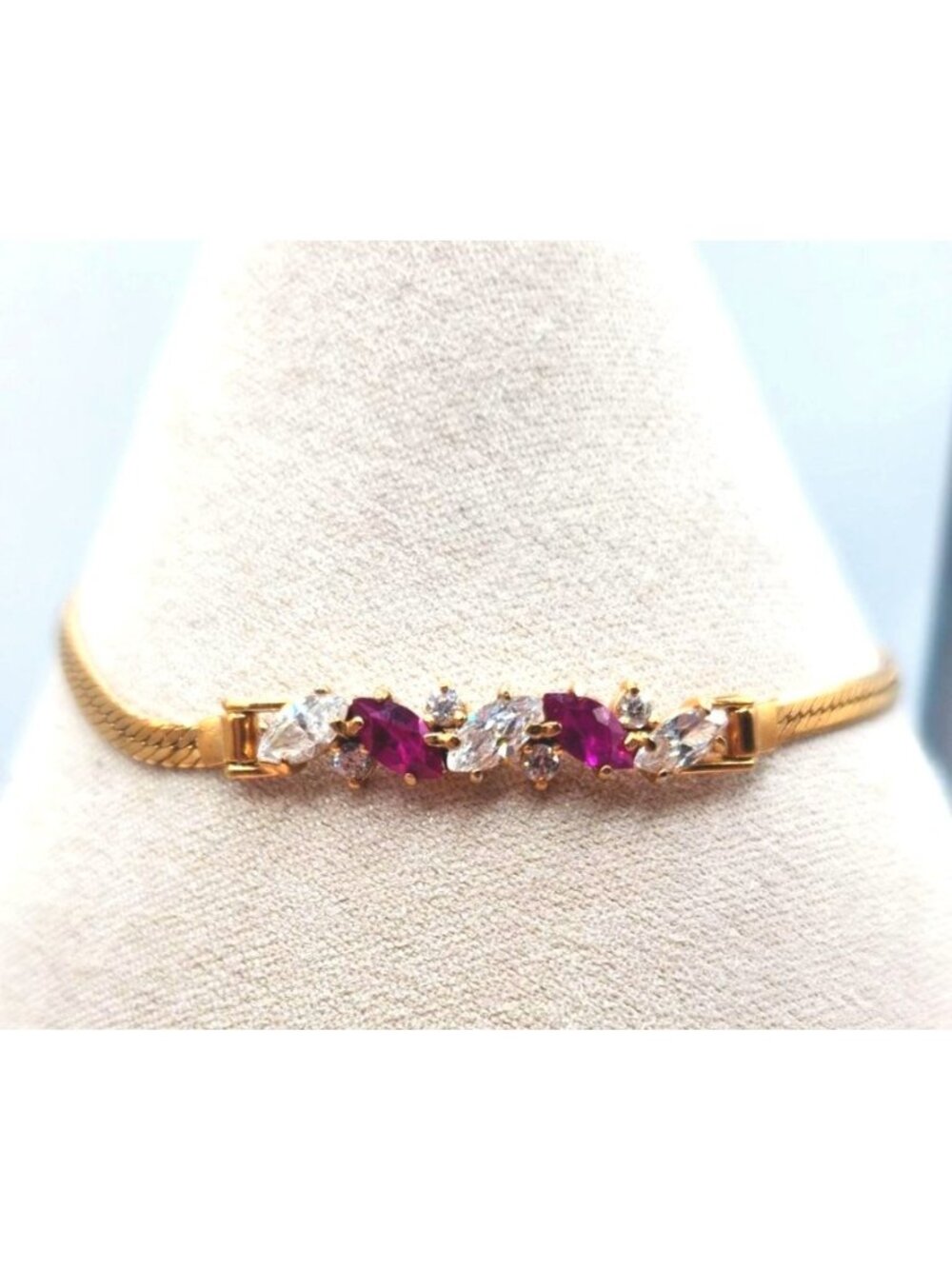 14 kt Gold-plated Herringbone   Bracelet With Synthetic Rubies and CZ's